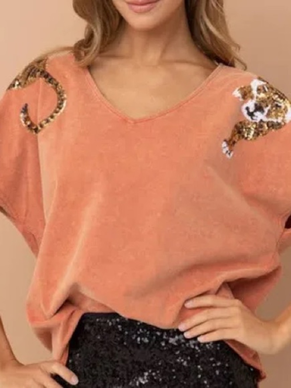 Blue B Embellished V-Neck Top with Tiger  Sequin Detail